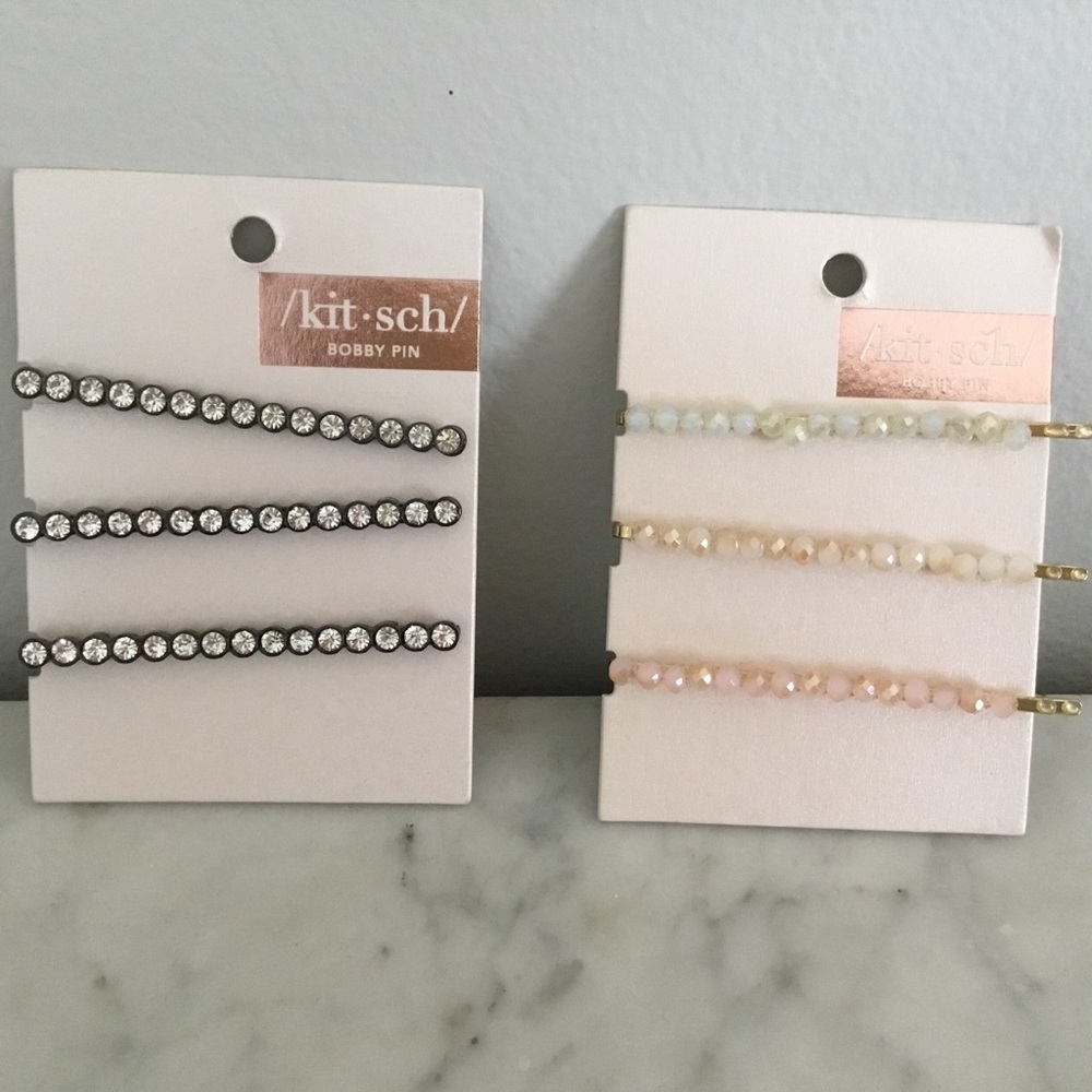 3 Hematite Rhinestone and 3 Pearlized Neutral Tone Faceted Beaded Bobby Pins